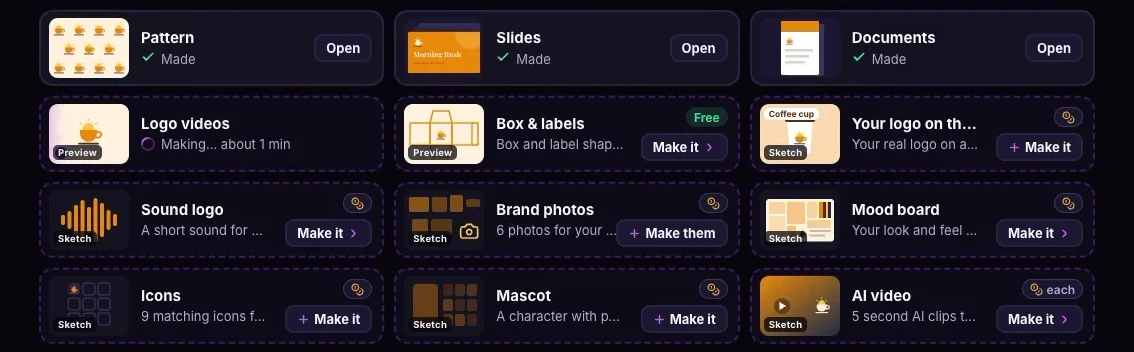 Add to your kit in Brand Studio: pattern, slides, documents, logo videos, box and labels, your logo on things, sound logo, brand photos, mood board, icons, mascot and AI video