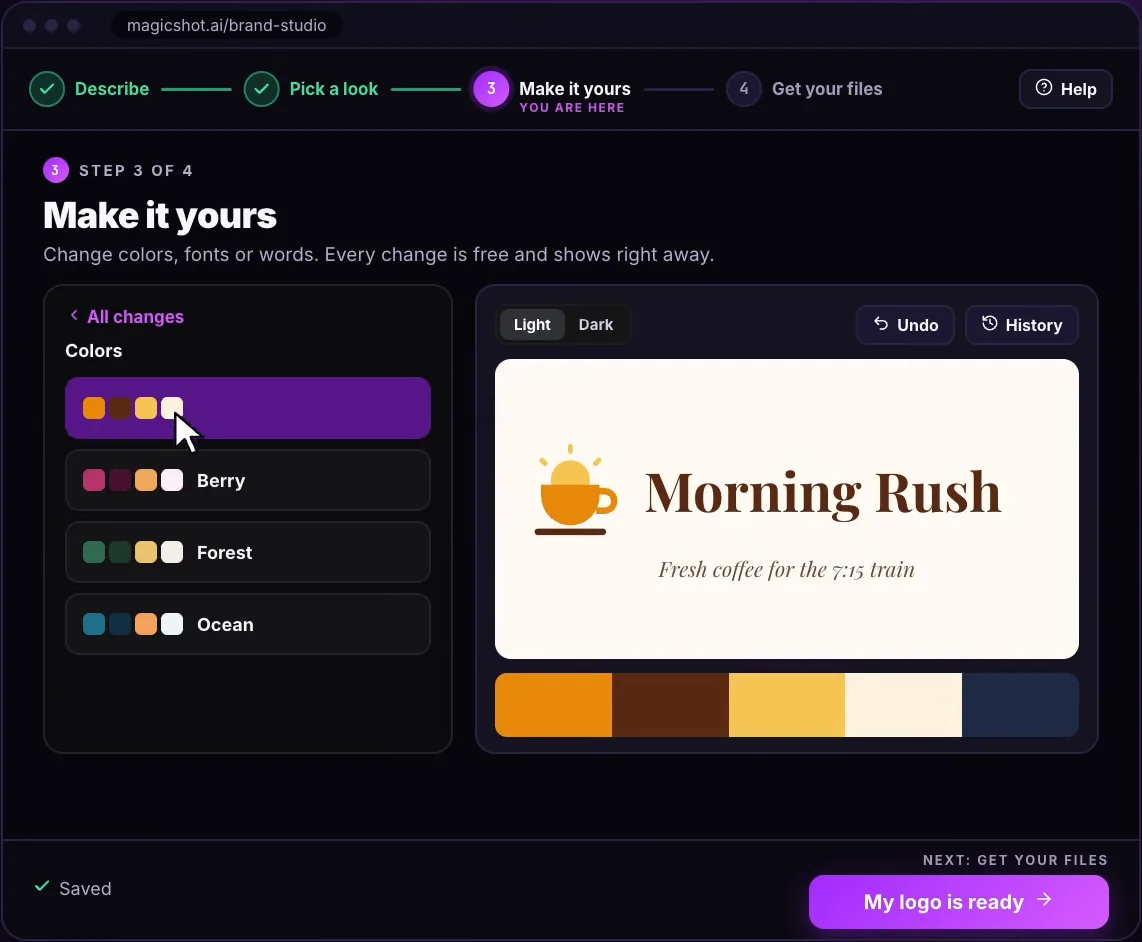 Brand Studio step 3: the Morning Rush logo with a palette picker beside it