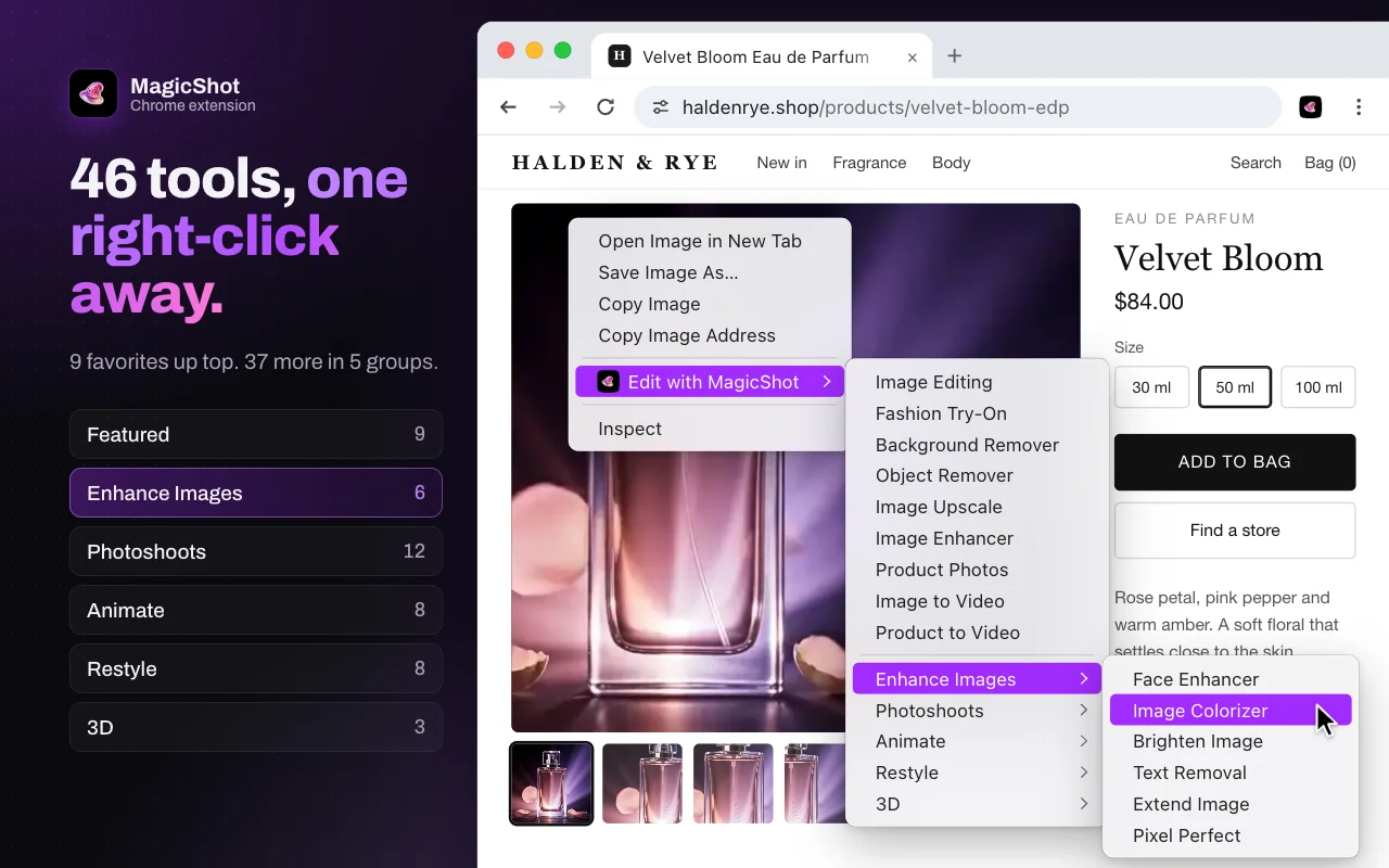 The Edit with MagicShot menu: nine featured tools and five groups, Enhance Images open