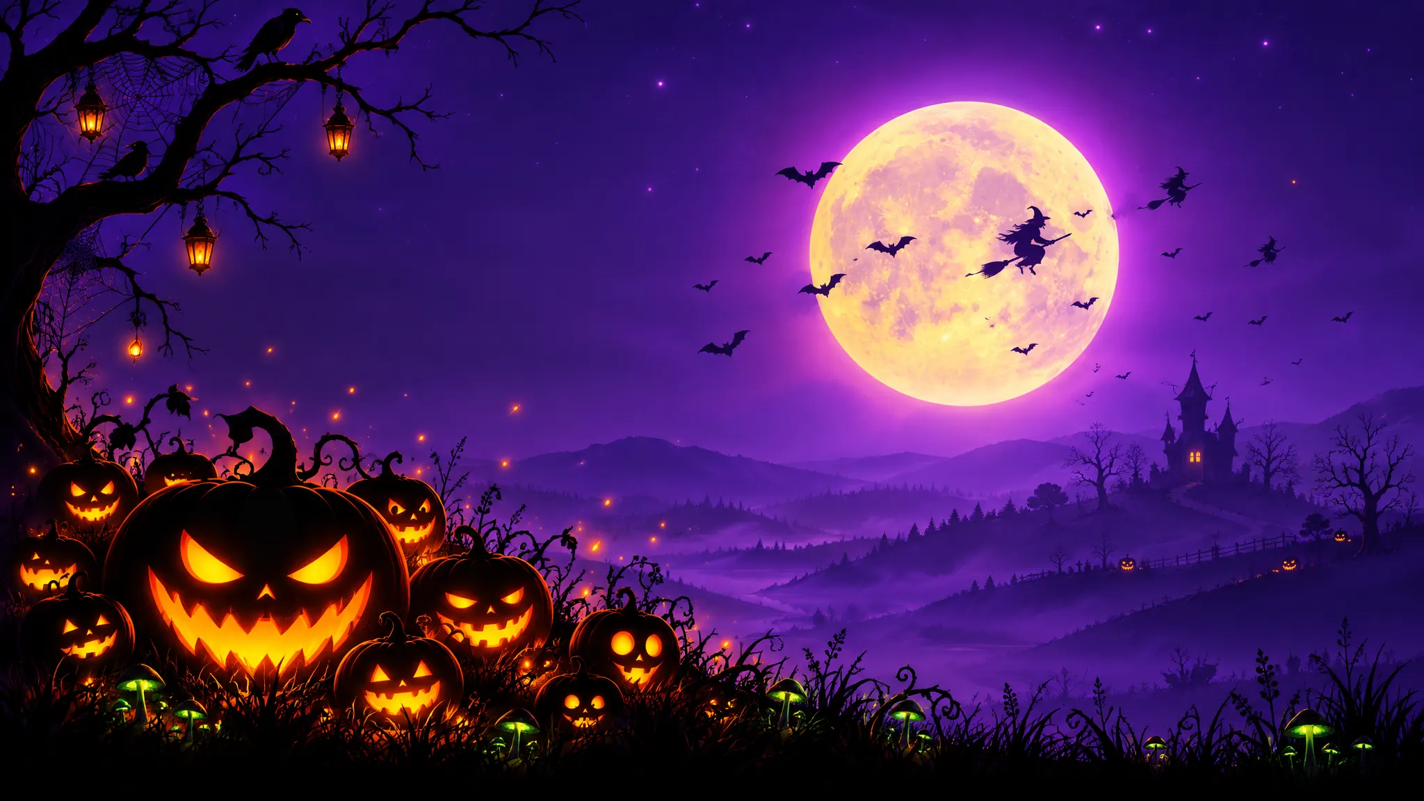 Halloween Glow-Up: jack-o'-lanterns under a full moon, bats and a witch crossing a purple sky above a haunted castle