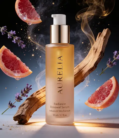 Amber serum bottle labeled Aurelia Radiance Renewal Serum surrounded by vanilla pods, coffee beans, chocolate chunks and pink and white flowers